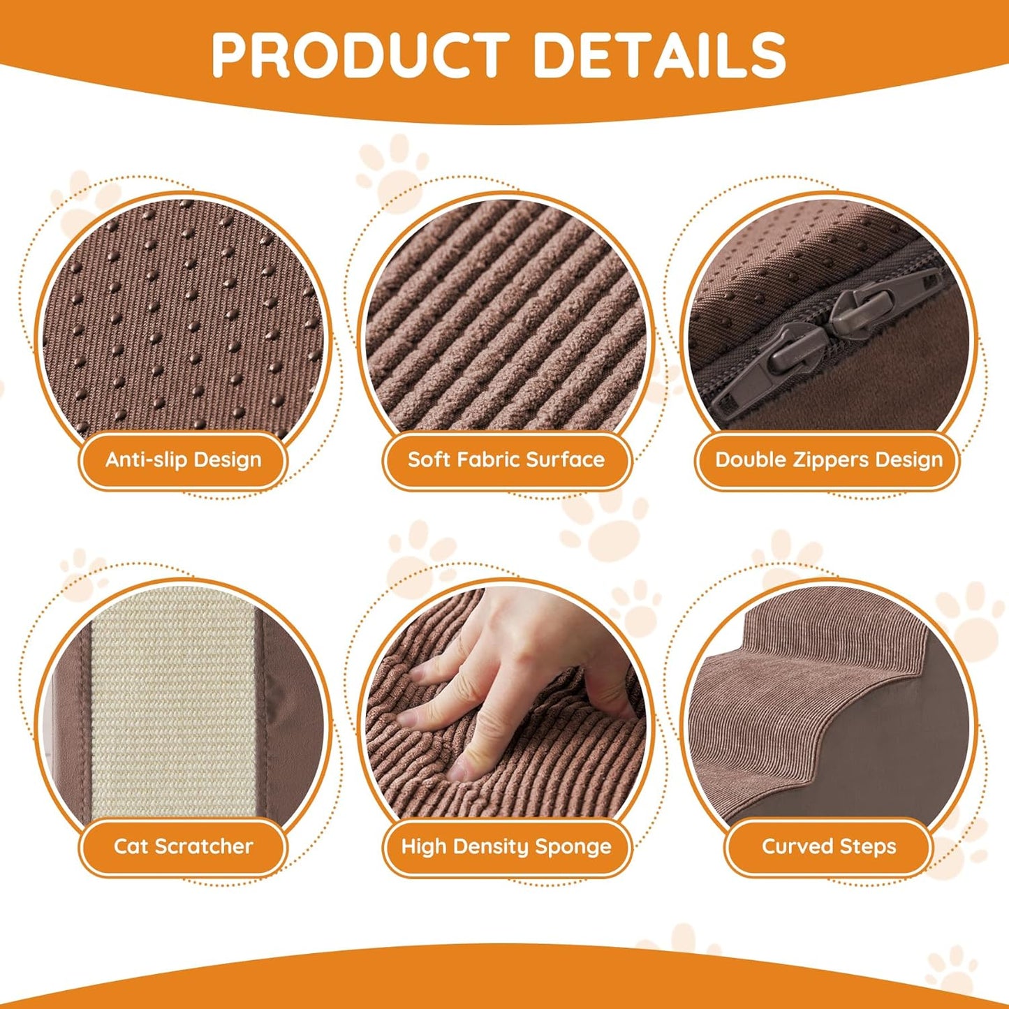 Pet Stairs, Dog Stairs for Small Dogs, Dogs Steps, 3-Step Curved Dog Ramp for Bed, Couch, Sofa, Car and Chair, Non-Slip Bottom Design, Cat Scratching Board, High Density Foam Portable Pet Step, Coffee