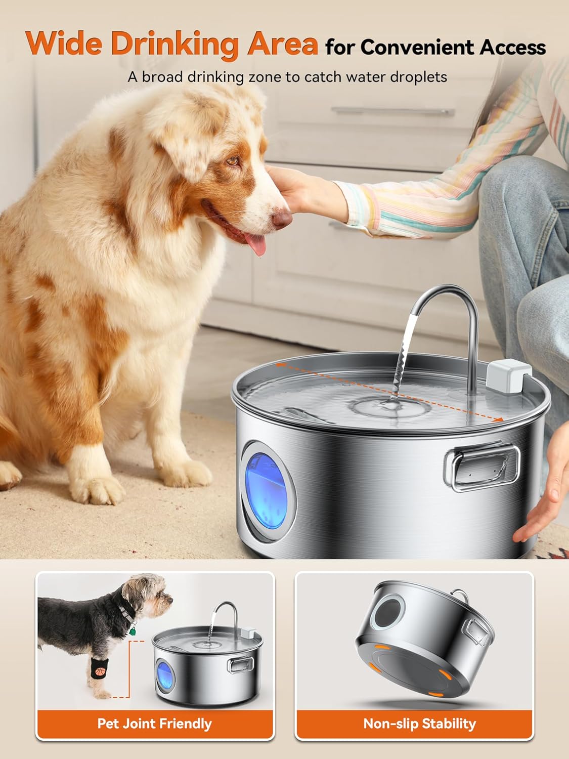 Dog Water Fountain for Large Dogs, 3.2Gal/406oz/12L Stainless Steel Dog Water Fountain, Quiet Dog Water Bowl Dispenser with Visible Window for Multi-pet Home, Includes 7 Filters Set