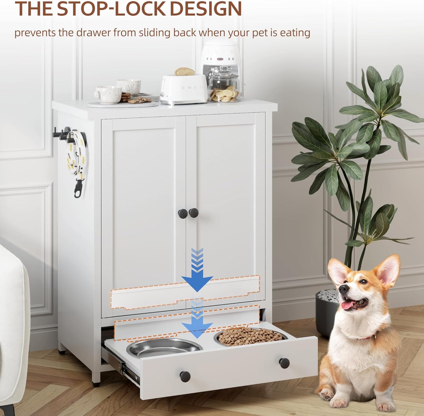 Dog Feeding Station with Storage, Metal Dog Food Storage Cabinet with 2 Elevated Bowls and 3 Hooks, Pet Feeding Station and Dogs Food Storage Organizer, White