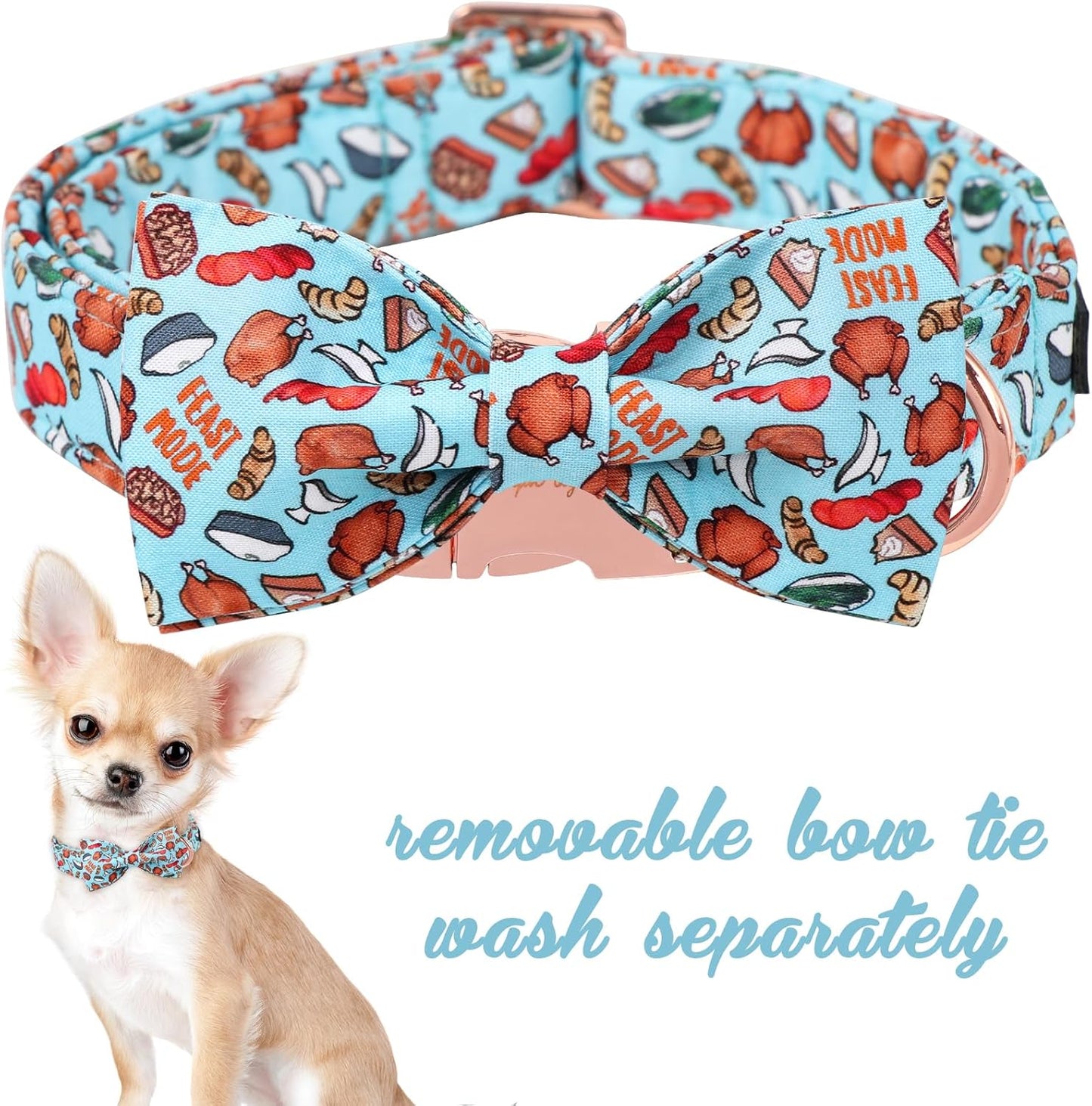 Unique Style Paws Thanksgiving Day Dog Collar with Bow Blue Turkey Cotton Puppy Collars for Small Medium Large Dogs