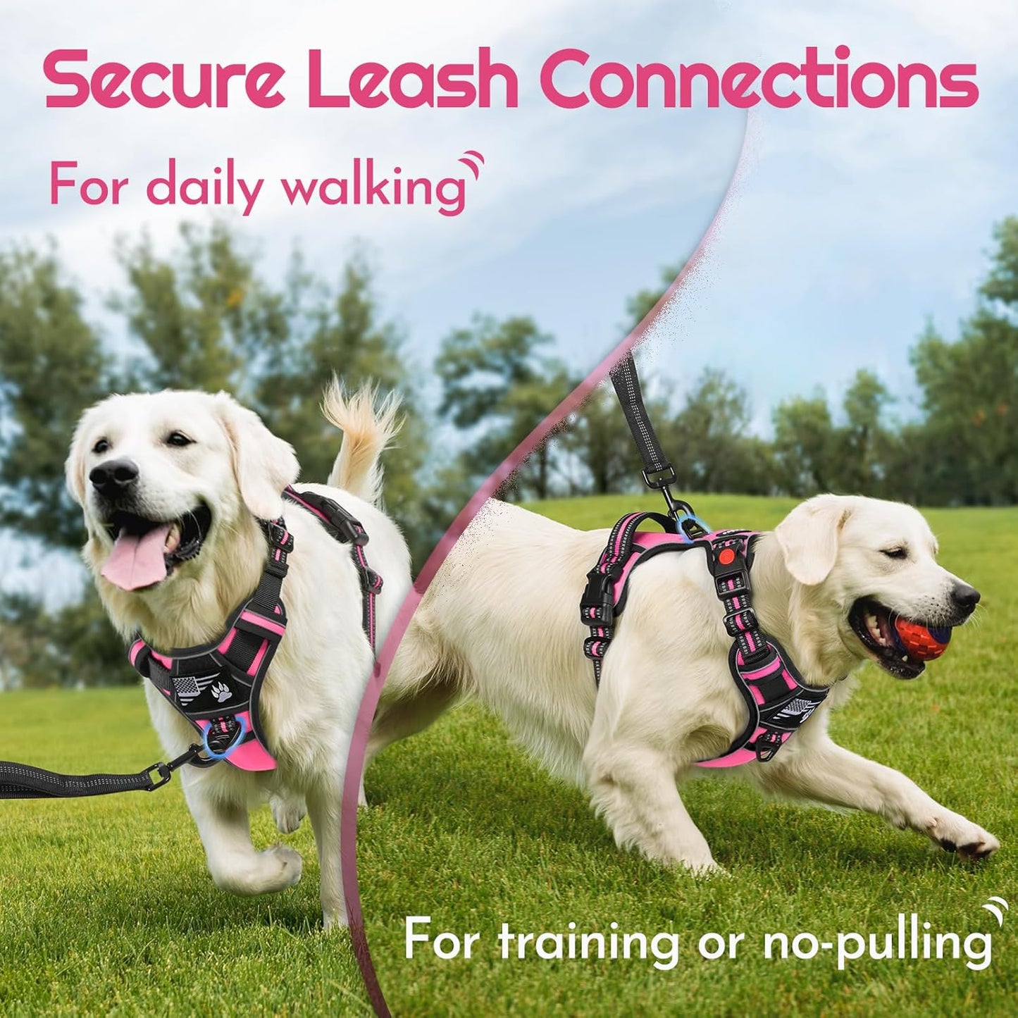 Eagloo Dog Harness Medium Sized, Easy Wearing with 3 Buckles, Adjustable No Pull Pet Harness with 2 Rings for Walking, No Chock Reflective Soft Padded Vest with Control Handle, Pink & Black, M