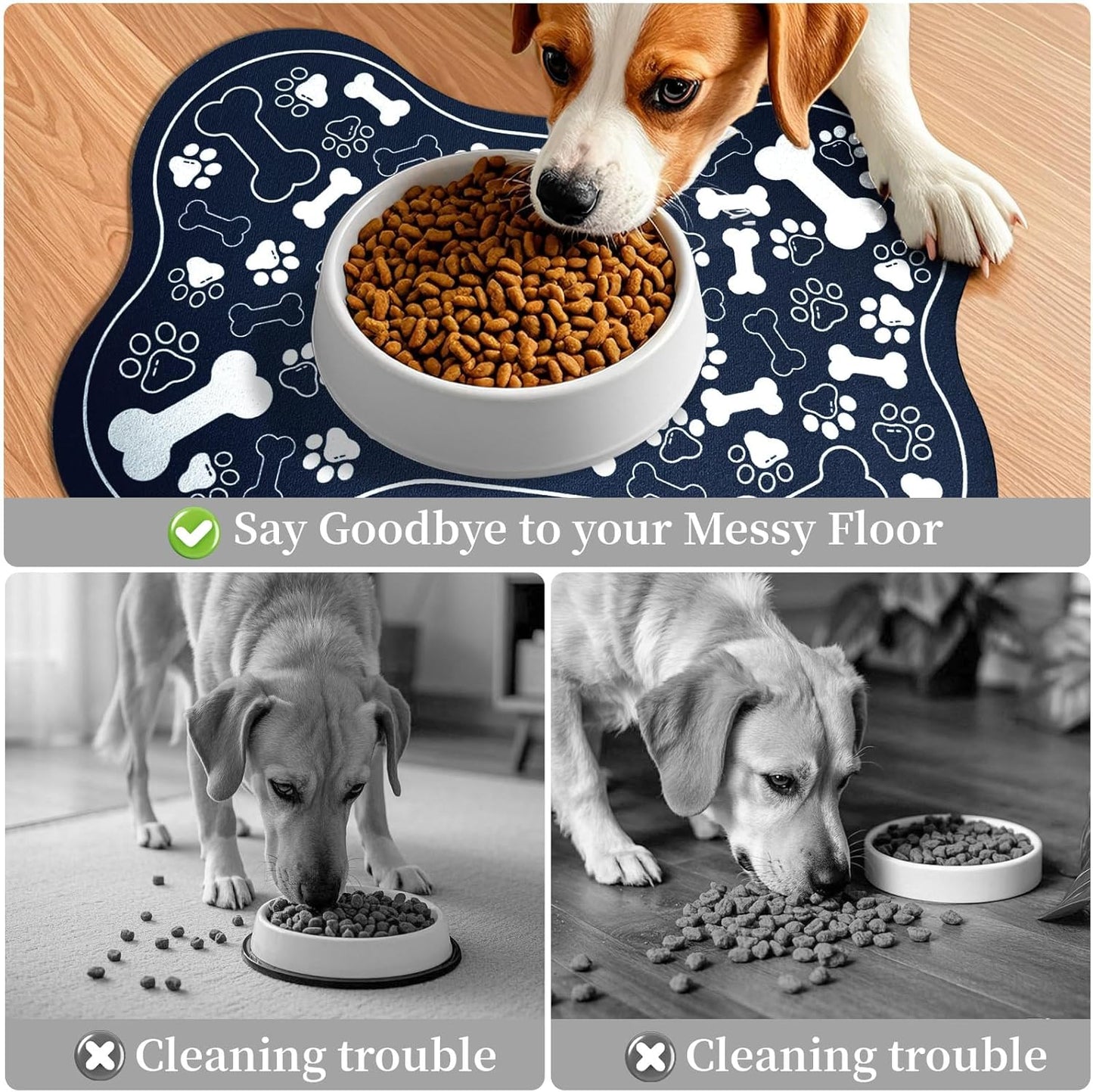 Dog & Cat Food Mat Bone Shaped Pet Feeding Mat Quick Absorb Water Bowl Placemat with Rubber Backing Indoor Floor Stain Resistant Pet Accessory Supplies (Blue, 12x18 Inches)