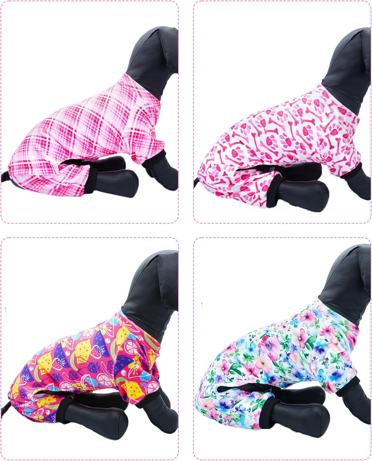 PET SHOW 4 Pack Small Dog Pajamas Cute Paw Bone Clothes for Medium Dogs Soft Stretchy PJs Plaid Jumpsuit Puppy Cats Floral Fruits Onesies Outfits with Sleeve Pets Dachshund Costume(L, Pink for Girls)