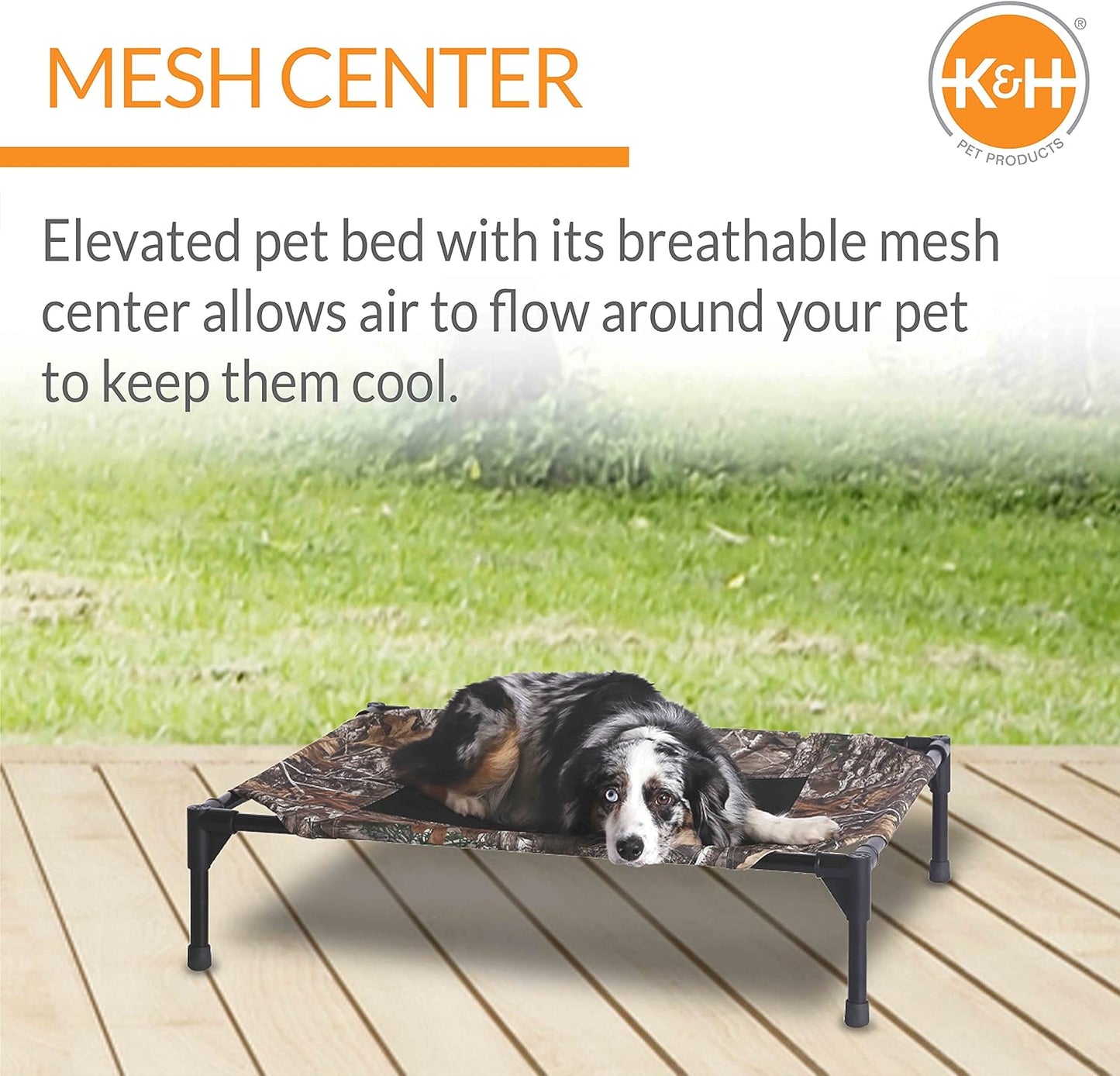 K&H Pet Products Outdoor Elevated Dog Cot, Breathable Cooling Elevated Cot Hammock Pet Bed for Large Dogs, Washable Mesh Cover, Raised Metal Frame, Collapsible, Portable - Large 42 X 30in Camo