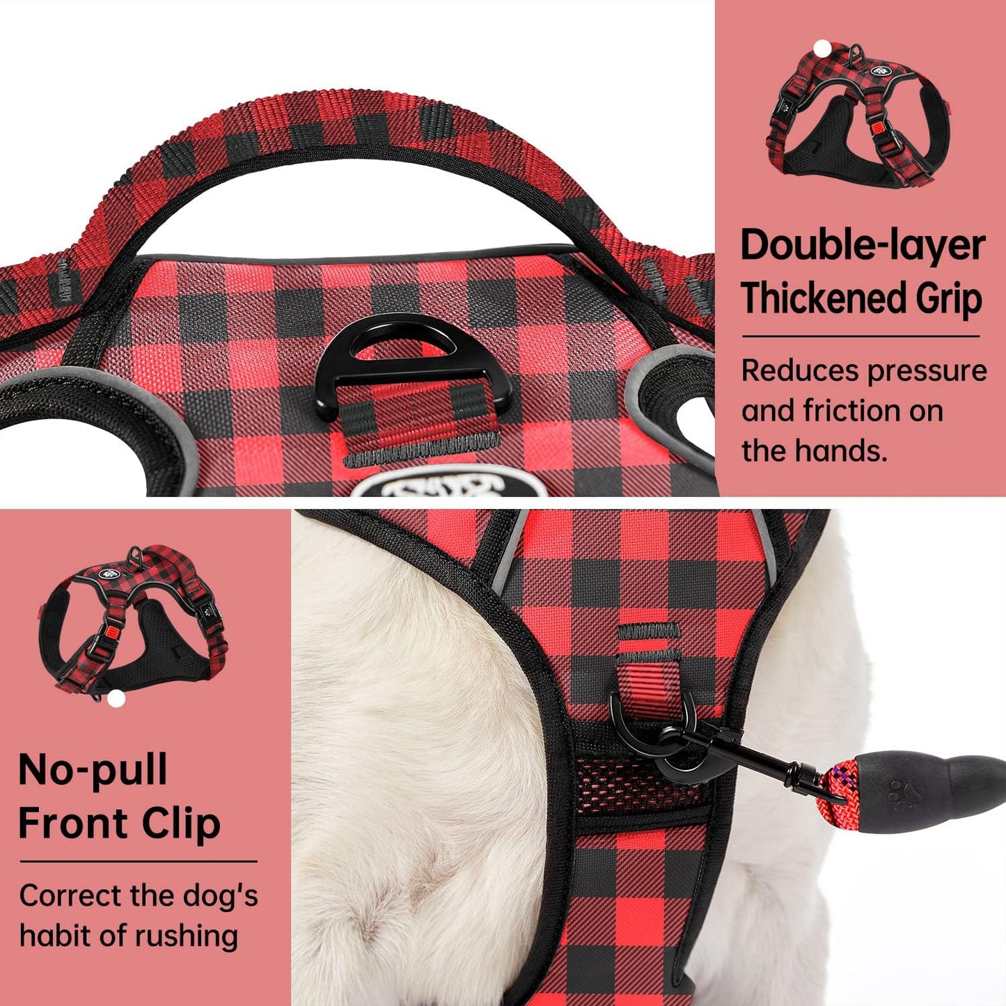 IVY&LANE No Pull Dog Harness with Leash Set, Reflective No Choke Pet Vest,Adjustable Oxford Dog Vest Harness with Easy Control Handle for Large Dogs (Checkered Red,L)