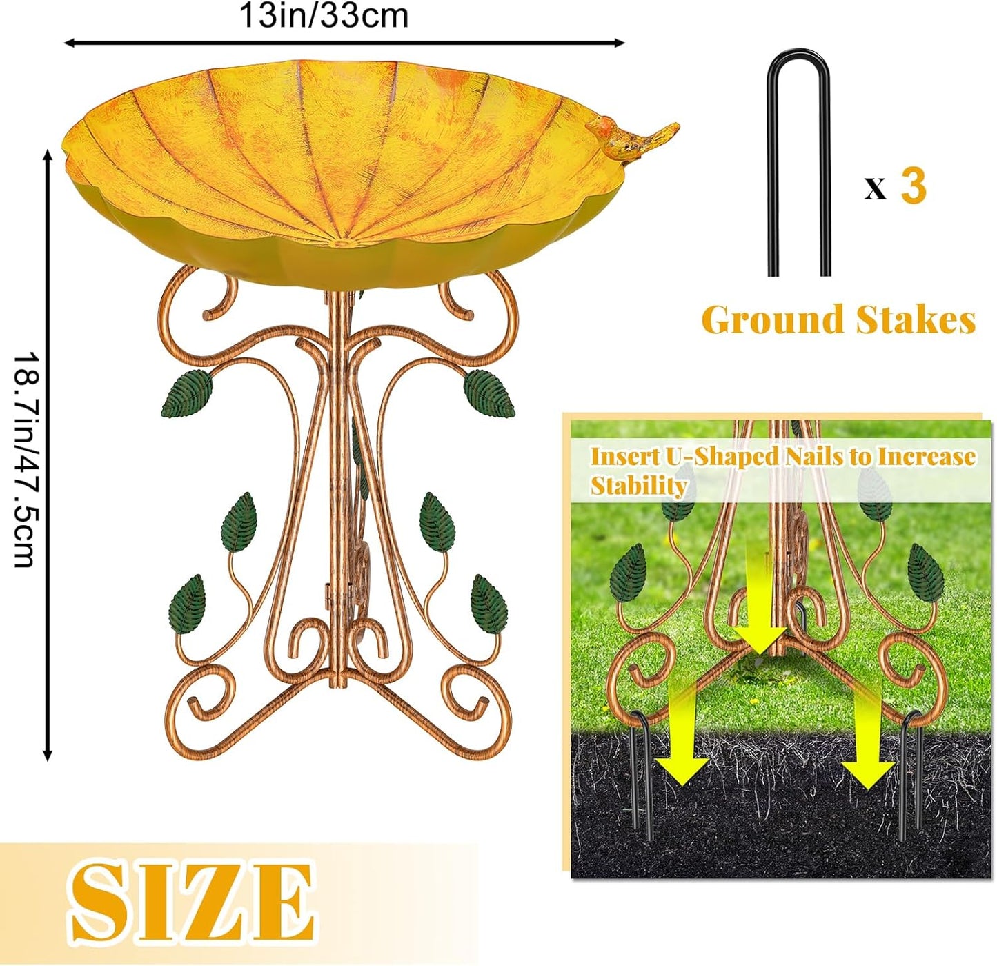 Vintage Metal Bird Bath for Outside, 13" Dia Birdbaths Bowl with Cast Iron Pedestal, Large Antique Bird Feeder with Folding Bracket for Outdoors Garden Patio Yard Decor (Retro Yellow)