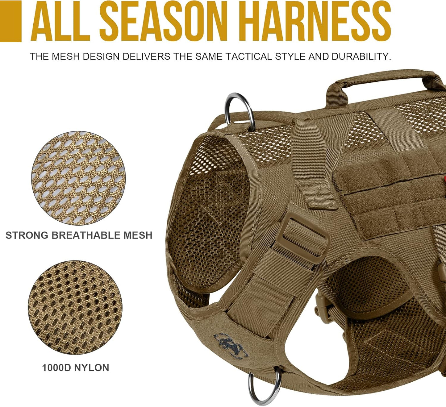 OneTigris No Pull Tactical Dog Harness for Medium Large Dog, Mesh Design Breathable Service Dog Vest with Handle, Military Dog Vest Harness with Molle Panels for Walking Hiking Training (XL, Brown)