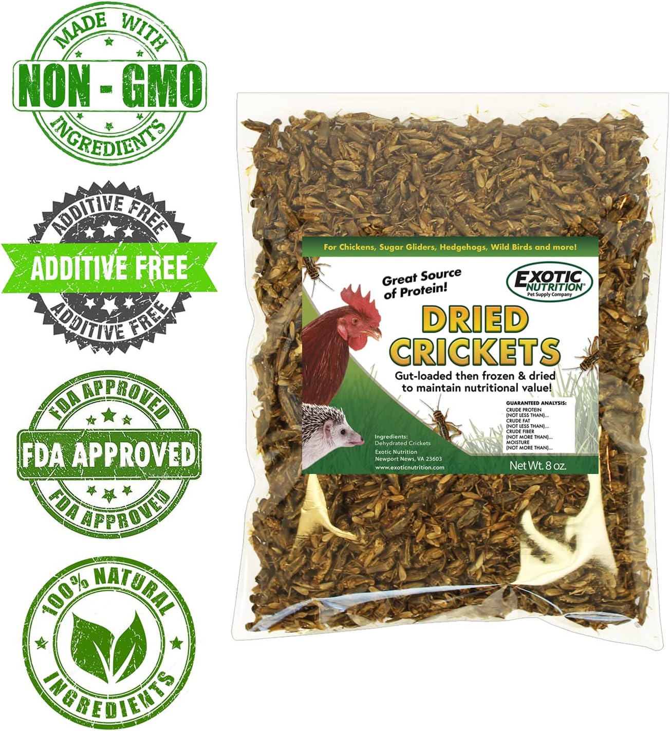 1 Pound Dried Crickets - High Protein Insect Treat - Chickens, Wild Birds, Hedgehogs, Bluebirds, Reptiles, Sugar Gliders, Opossums, Skunks, Lizards, Bearded Dragons, Fish, Turtles 8 oz. (2 Pack)