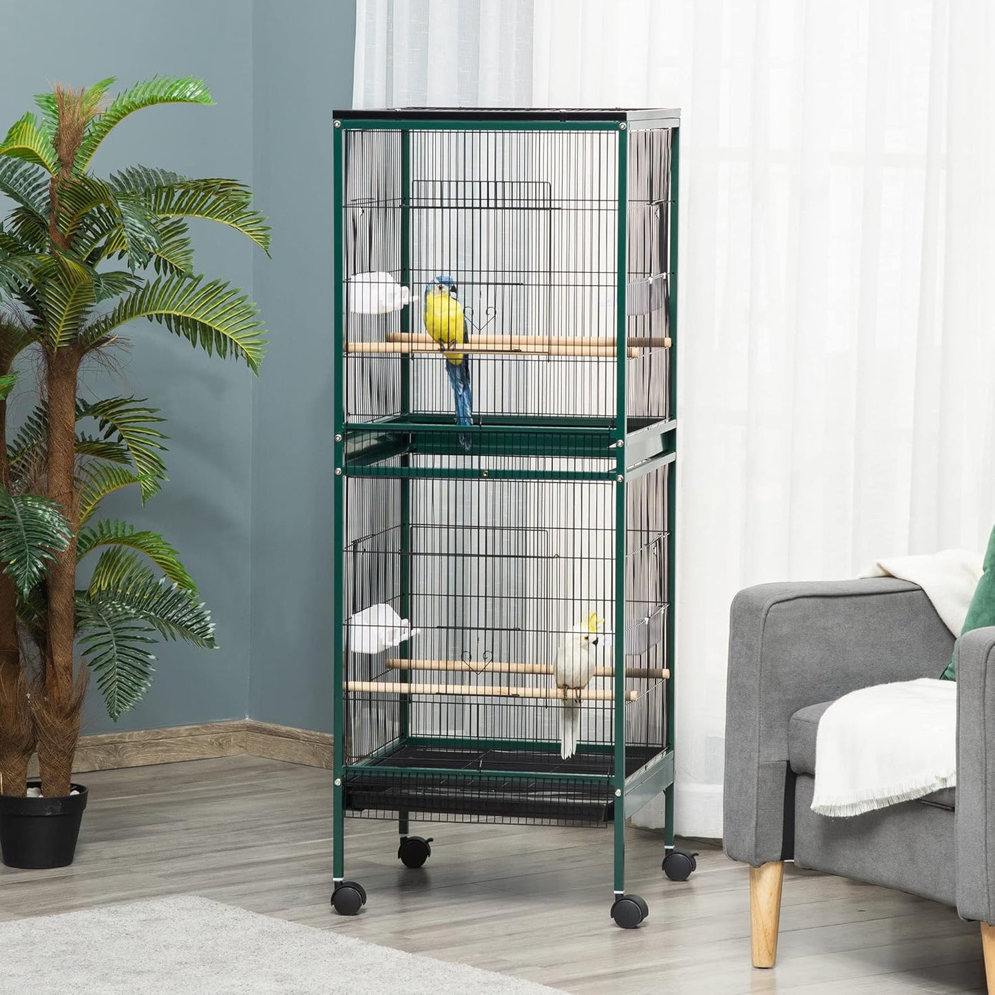 PawHut Large Bird Cage with 1.7 ft. Width for Wingspan, Bird Aviary Indoor with Multi-Door Design, Fit for a Canary, Finch, Conure, 55", Green