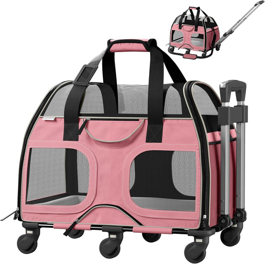 Katziela Pet Carrier - Airline Compliant Dog Carrier - TSA Approved Pet Carrier for Small Dogs and Cats - Soft FAA Travel Airplane Dog Carrier Luggage (Pink/White-6 Wheels)