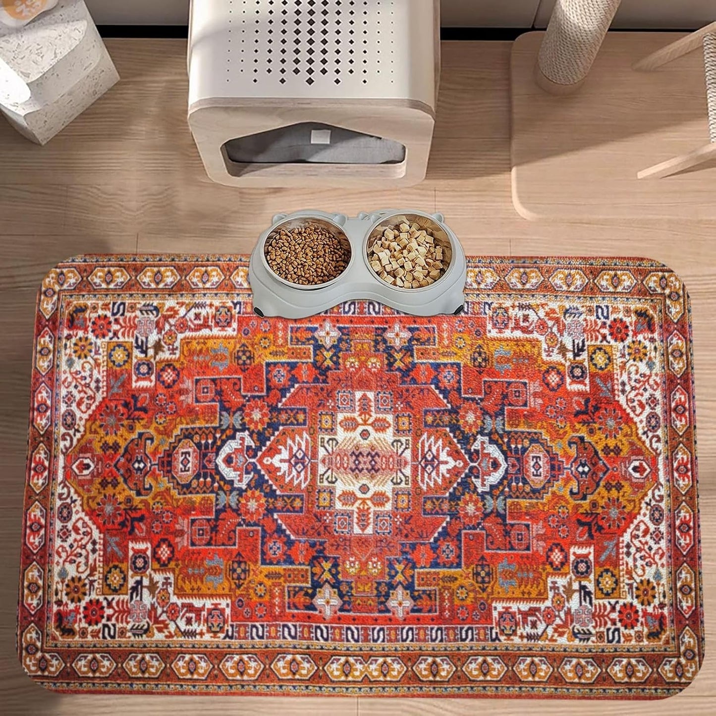 Boho Folk Geometric Ornament Dog Food Mat Absorbent Bowl Mats No Stains Quick Dry Waterproof Pet Cat Placemats for Food and Water, 30x45cm