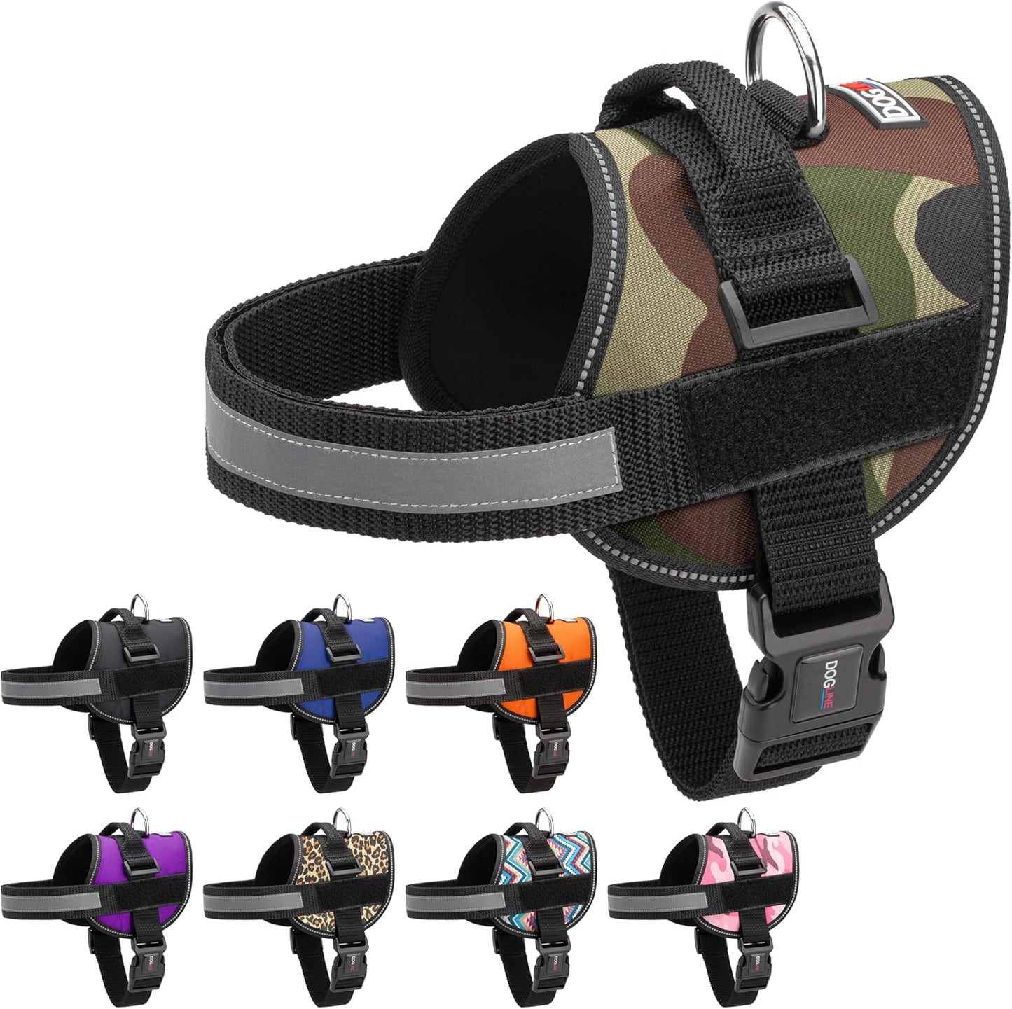 Dogline Dog Harness, Reflective No-Pull Adjustable Vest with Handle for Walking, Training, Breathable, No - Choke Harness for Small, Medium or Large Dogs Room for Patches Girth 15 to 18 in Green Camo