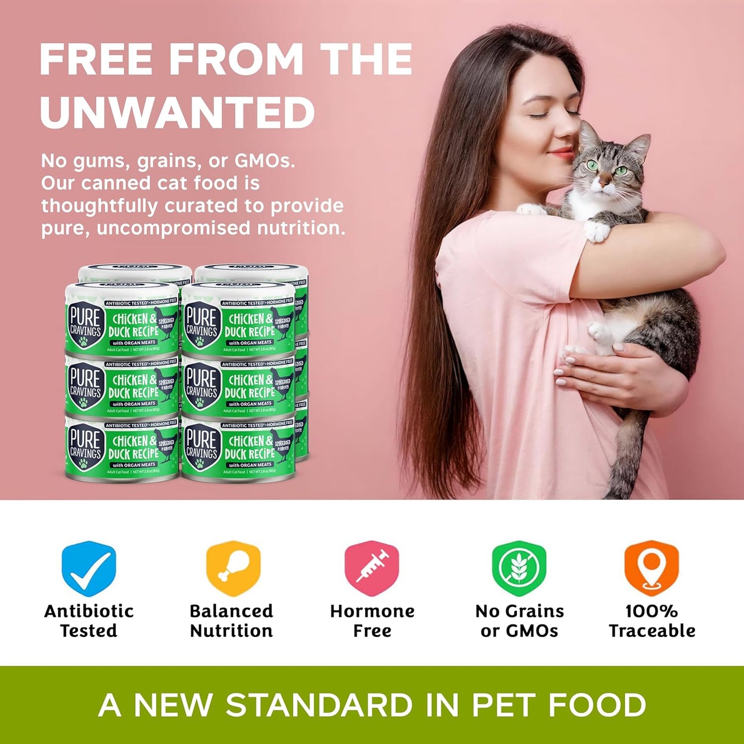 Chicken and Duck Recipe in Broth, Shredded Wet Cat Food, Grain-Free Protein, Non-GMO, 12 Pack