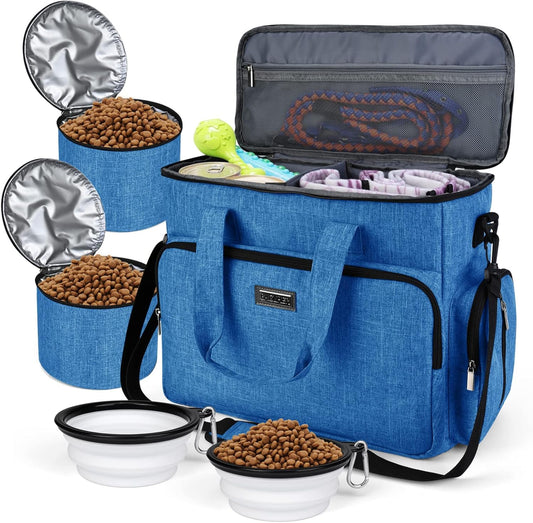 BAGLHER Dog Travel Bag, Pet Travel Bag (ALL Pet Travel Supplies), With 2 Pet Food Containers and 2 Collapsible Silicone Bowls; Essential Kits for Pet Travel Blue