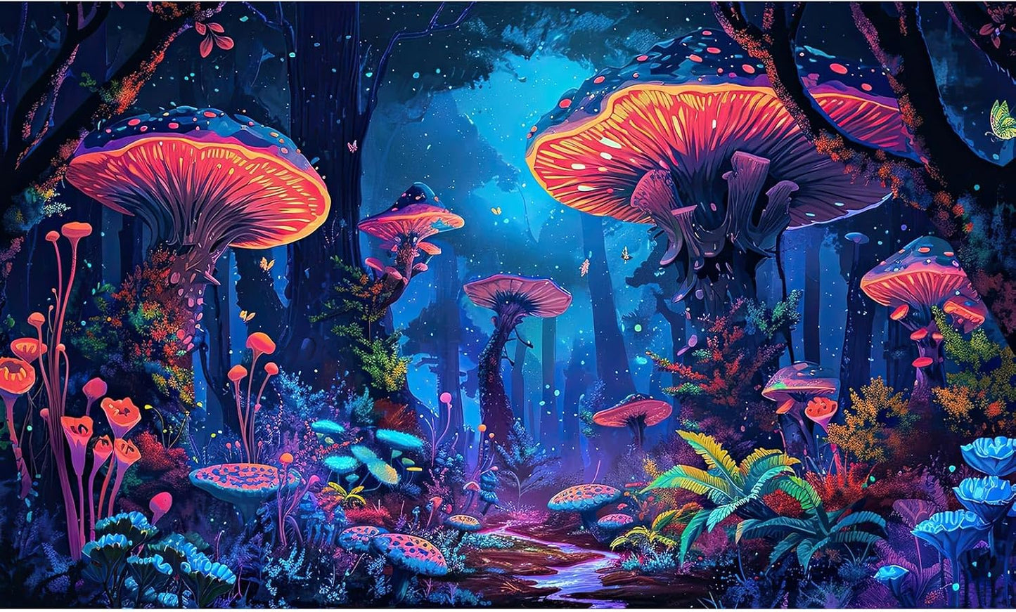 Mushrooms Aquarium Background Fantasy Bright Flowers Butterflies Fish Tank Backdrop Decoration Poster Trippy Wonderland Landscape with Giant Mystical Mushrooms Terrarium Background Decor 72x18in