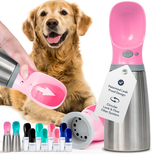 MalsiPree Insulated Dog Water Bottle - 24 Oz, Pink - Leak-Proof Stainless Steel Portable Travel Dispenser & Bowl