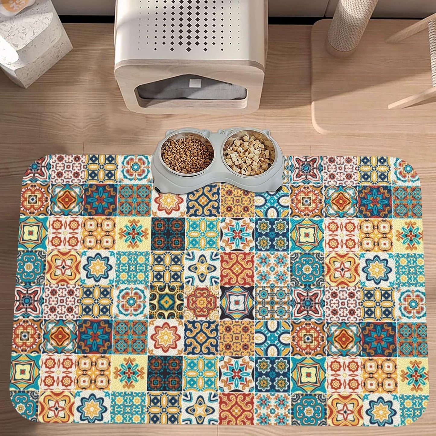 Traditional Multicolor Ornate Dog Food Mat Absorbent Bowl Mats No Stains Quick Dry Waterproof Pet Cat Placemats for Food and Water, 30x45cm