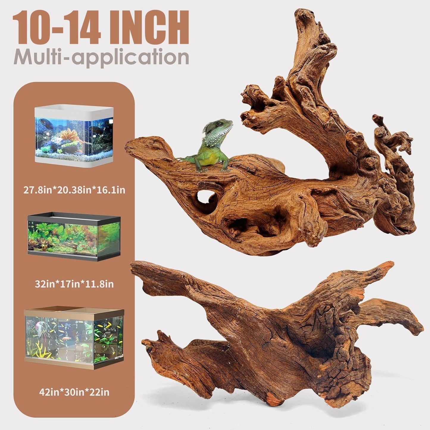 Natural Aquarium Driftwood for Fish Tanks & Reptile Terrariums – Safe Fish Tank Decorations, Unique Twisted Branches 2-Piece 10-14 Inch Low Tannin, Easy to Sink