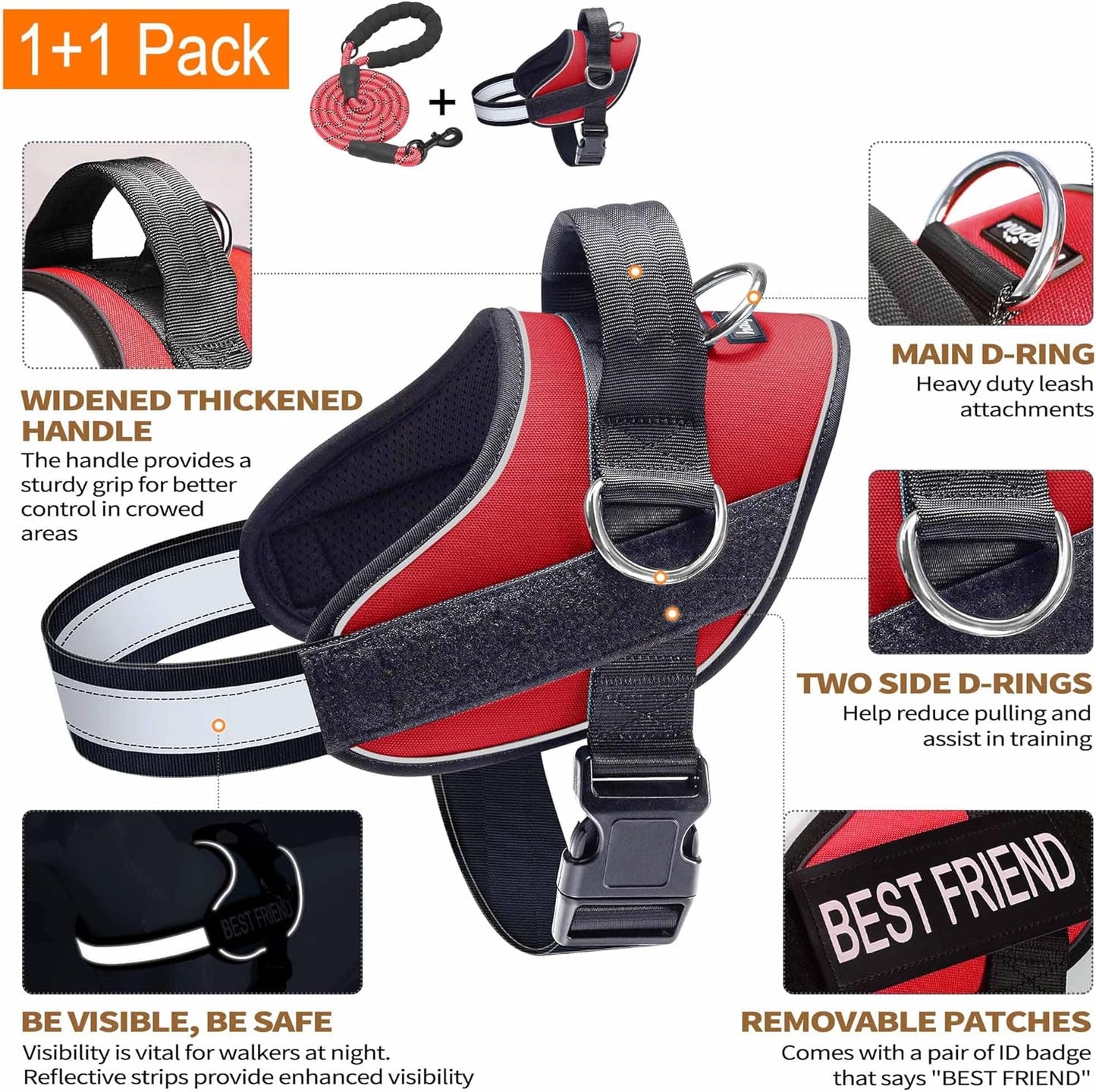 Haapaw Essential Dog Harness, No Pull Pet Vest with 3 Leash Clips, No Choke, Reflective, Adjustable and Padded, for Easy Walking and Training for Medium Dogs(M, Red)