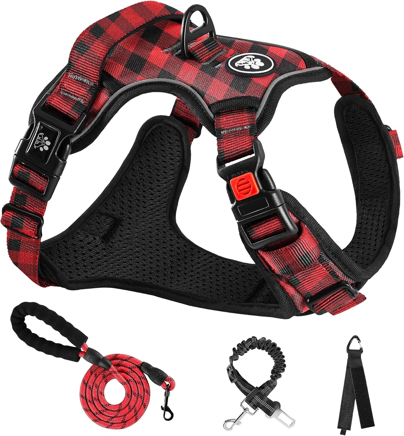 NESTROAD No Pull Dog Harness with Leash, Reflective No Choke Pet Vest Harness,Adjustable Soft Padded Dog Harness with Easy Control Handle for Medium Dogs(Checkered Red,Medium)