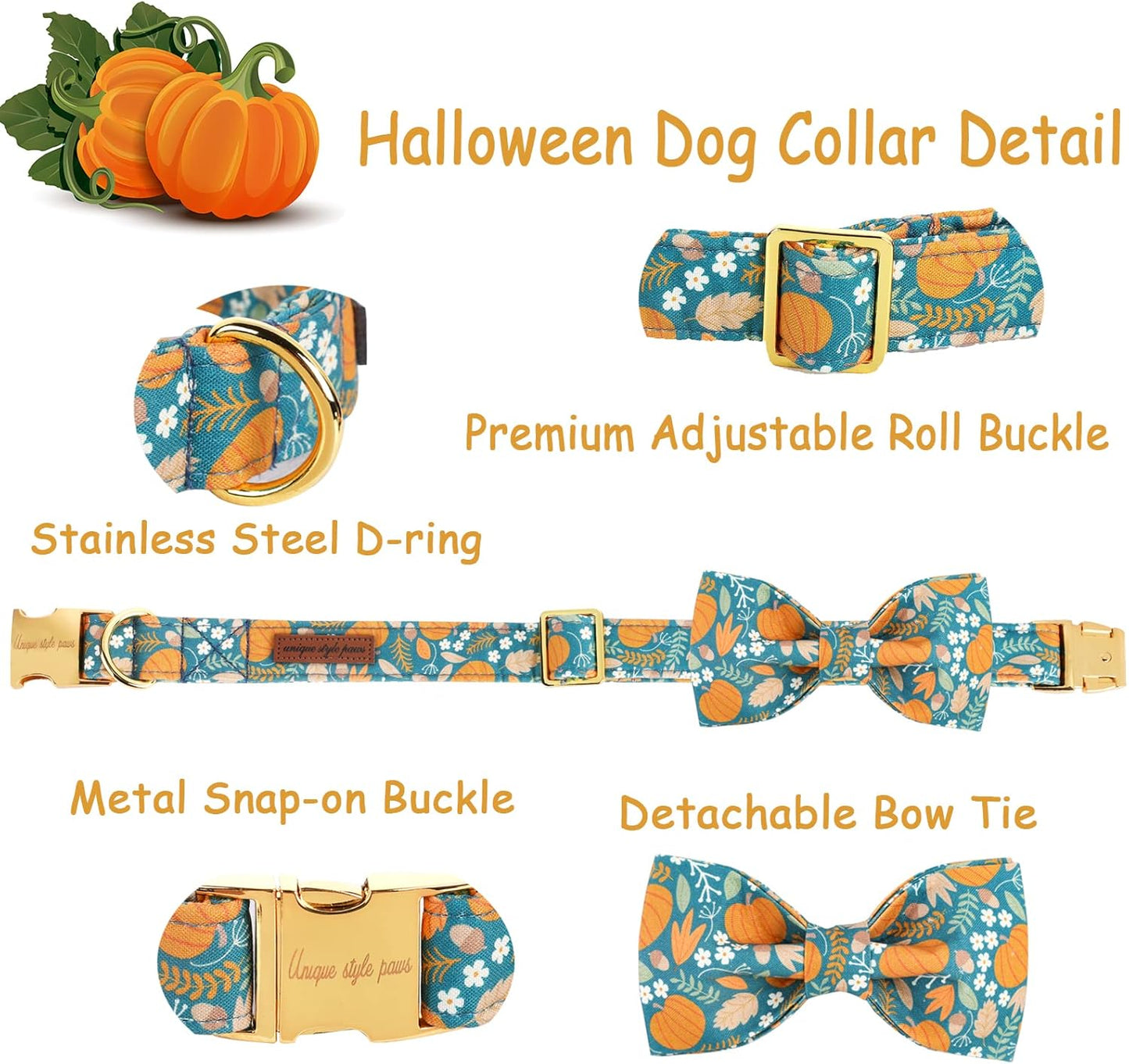 Unique style paws Halloween Dog Collar with Bow Tie Pumpkin Cotton Collar Adjustable Puppy Collar for Small Medium Large Dogs-XL