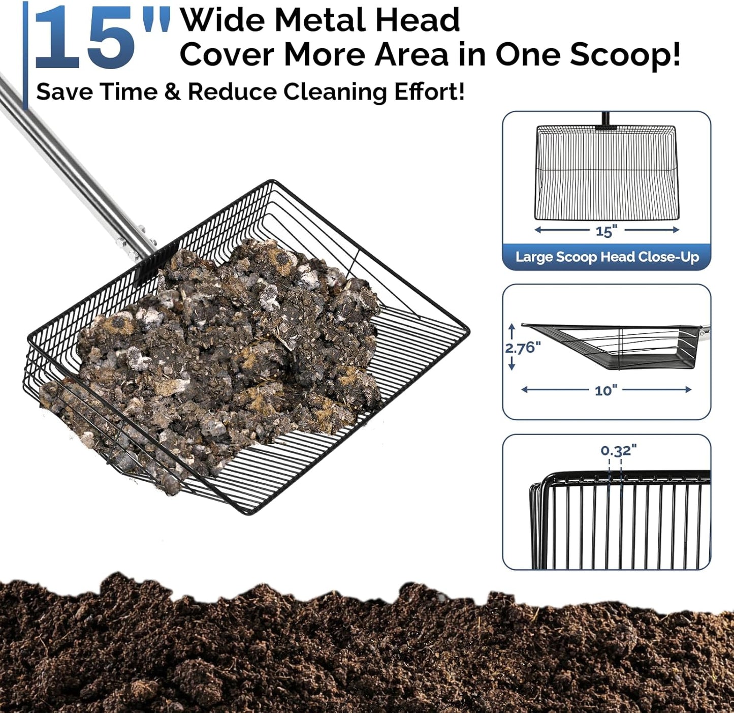 15" Extra-Wide Chicken Poop Scooper – Ergonomic Adjustable Handle (24-70in), Stainless Steel Sifting Shovel Deep Litter Cleaning for Chicken Coops, Goat - Chicken Coop Scoop for Sand, Straw, Hemp