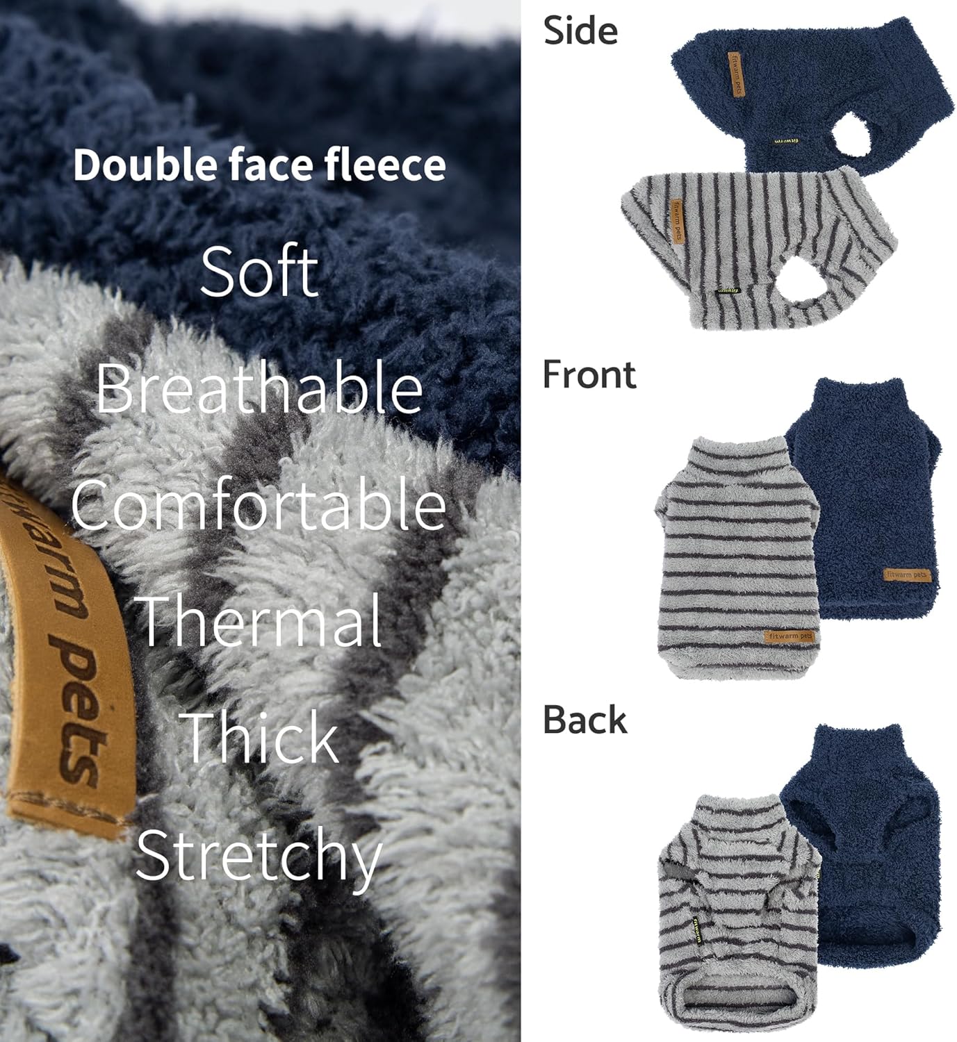 Fitwarm 2 Pack Striped Fleece Dog Sweater, Warm Winter Dog Clothes for Small Dogs Boy Girl, Fuzzy Pet Outfit, Puppy Chihuahua Jumper, Grey, Navy, XS