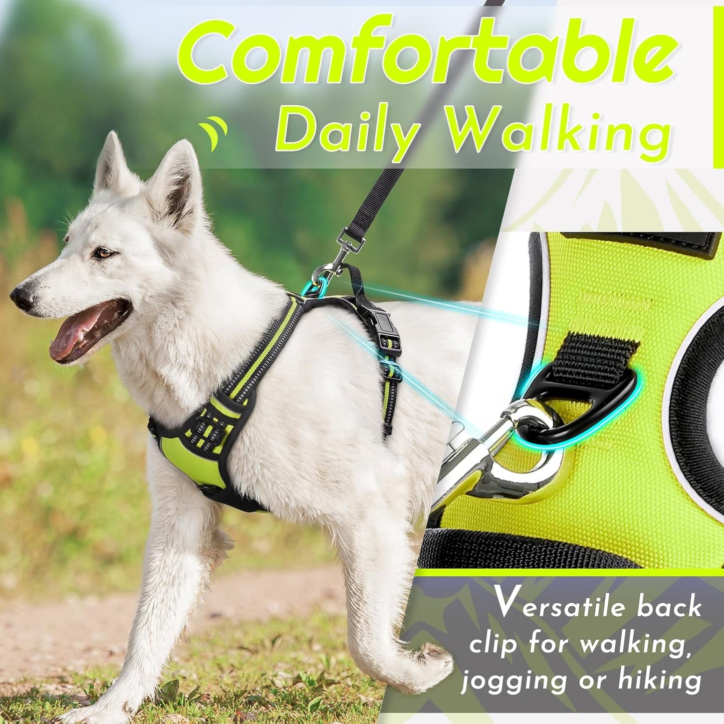 Eagloo Dog Harness Large Breed, No Pull Service Vest with Reflective Strips and Control Handle, Adjustable and Comfortable for Easy Walking, No Choke Pet Harness with 2 Metal Rings, Green, XL