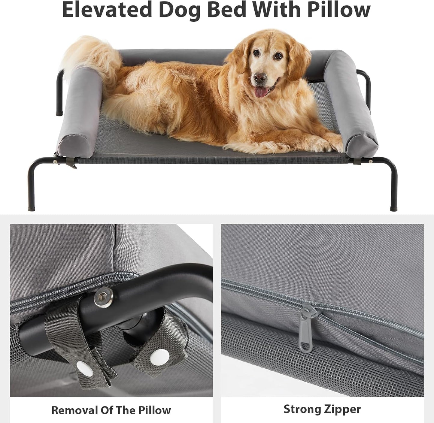 RRPETHOME Large Elevated Cooling Dog Bed, Raised Dog Cot Beds for Large Dogs, Elevated Outdoor Pet Bed, Chew Proof Portable Cooling Pet Cot with Skid-Resistant Feet and Breathable Mesh