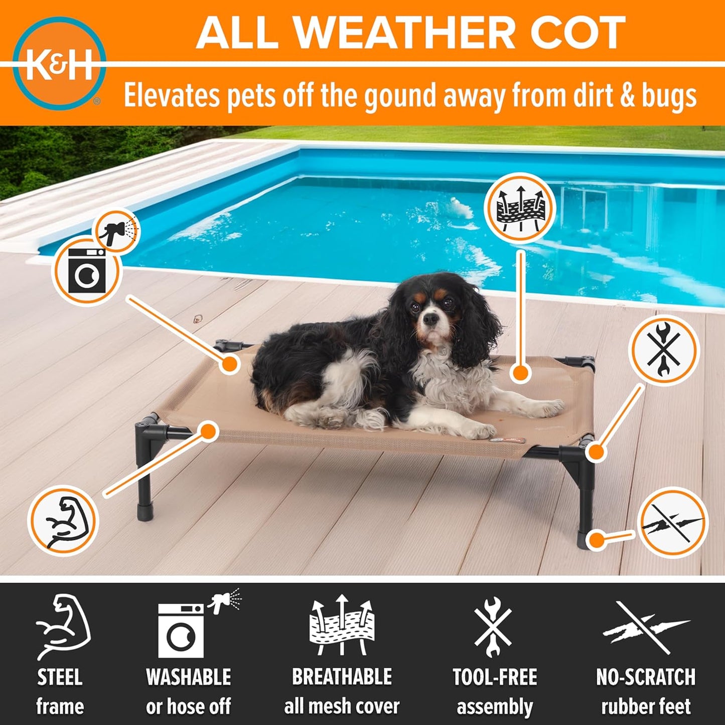 K&H Pet Products Cooling Elevated Dog Bed, Outdoor Raised Cot with Waterproof Breathable Mesh for Medium Dogs, Portable Place Bed with Heavy-Duty Metal Frame & Hammock Style Cover - Medium Tan