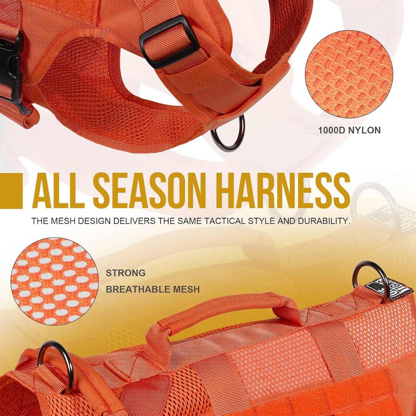 OneTigris Mesh Design Tactical No Pull Dog Harness for Large Dogs, Breathable Service Dog Vest Harness with Handle, Military Dogs Vest with Molle Panels for Walking Hiking (Orange, X-Large)