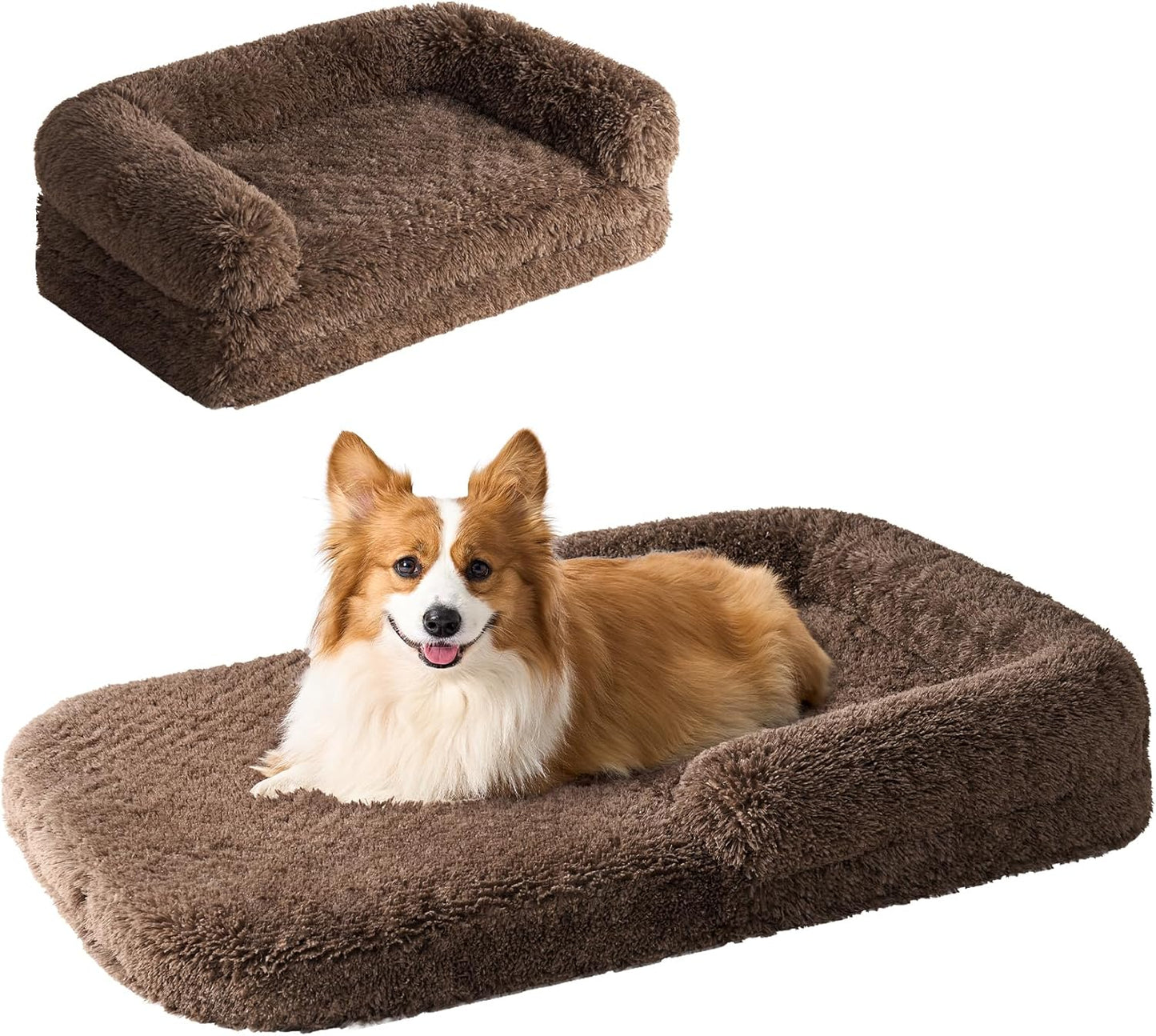 EHEYCIGA Foldable XL Dog Bed, Faux Fur Fluffy Pet Couch Bed for Large Dogs, Orthopedic Calming Memory Foam Big Pet Bed, Washable Soft Pet Sofa Bed with Non-Slip Bottom, Brown, 46"x34"x6.5"
