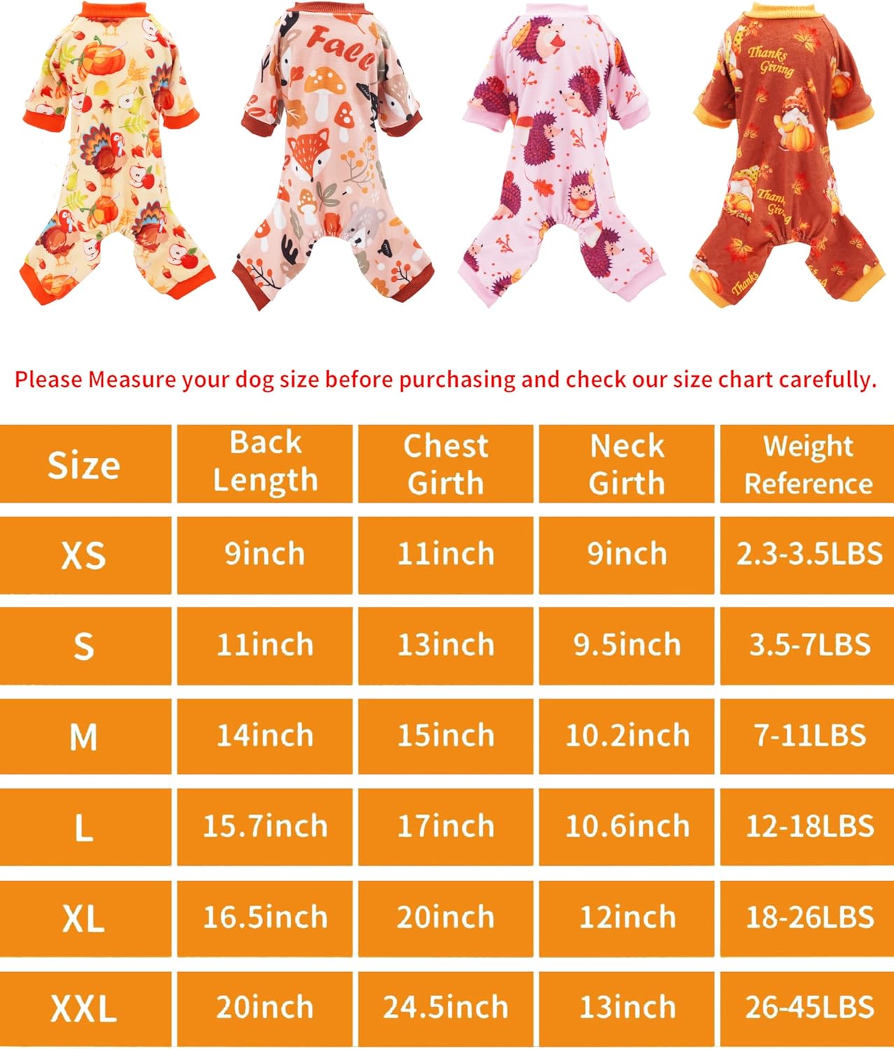 PET SHOW 4 Pack Fall Small Dog Pajamas Thanksgiving Clothes Doggies Girl Boy Soft Stretchy PJs Autumn Jumpsuit Puppy Cats Onesies Outfits with Sleeve Pets Dachshund Costume XS