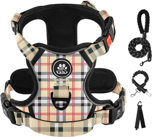 IVY&LANE No Pull Dog Harness with Leash Set, Reflective No Choke Pet Vest,Adjustable Oxford Dog Vest Harness with Easy Control Handle for Small Dogs (Checkered Beige,S)
