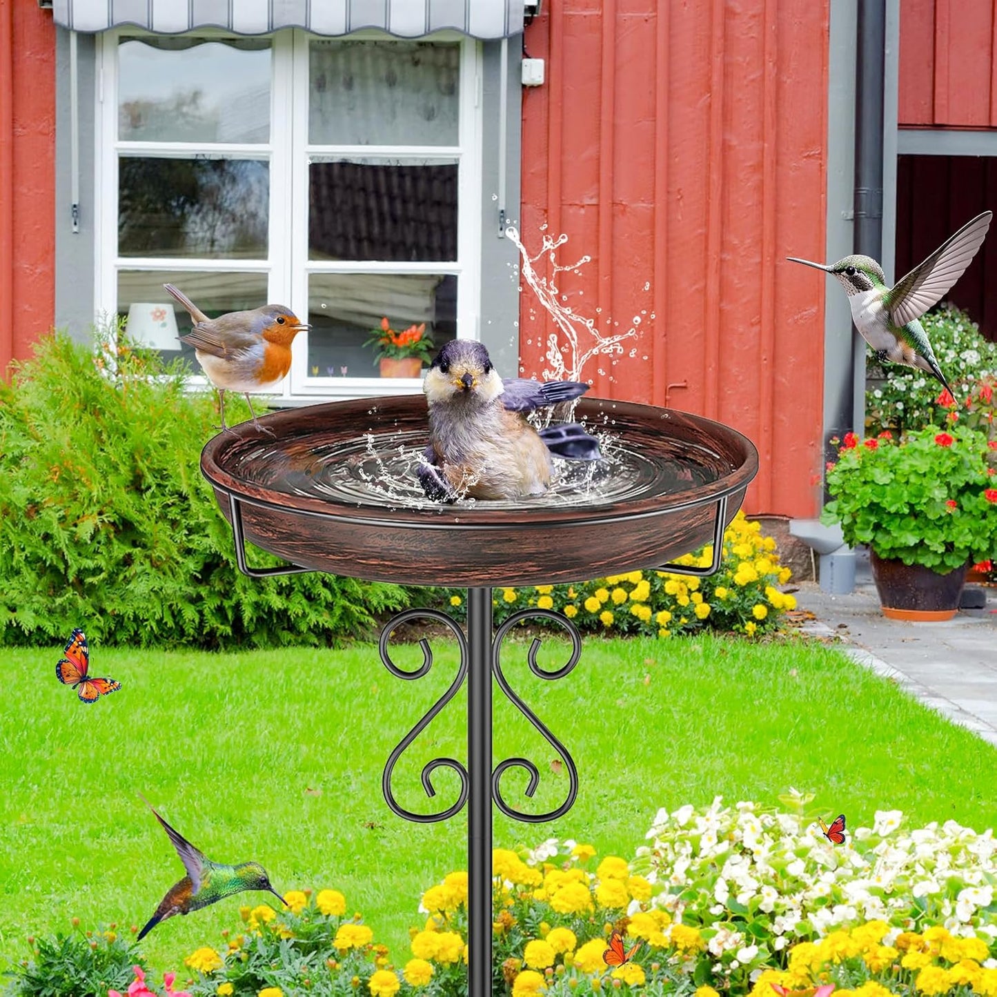 Metal Bird Bath for Outside,Bird Baths Feeder Bowl with 5 Prongs Base Stake,Freestanding BirdBaths for Outdoors Garden Patio Yard Lawn Decor (Vintage Bronze)