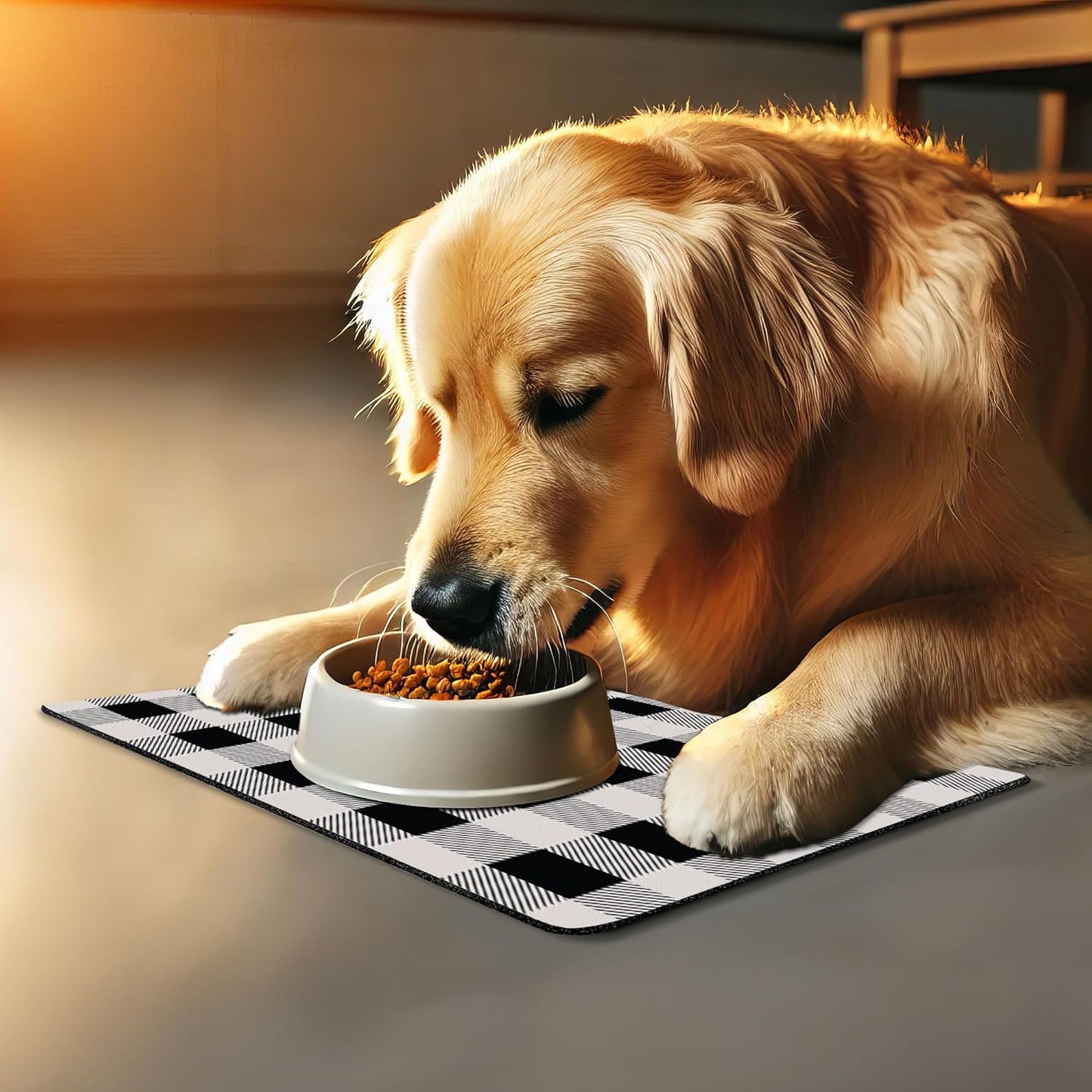 Lunarable Plaid Pet Mat for Food and Water, Monochrome Traditional Lumberjack Pattern Repating Checkered Squares Design, Non-Slip Rubber Mat for Dogs and Cats, 18" X 12", Grey Black