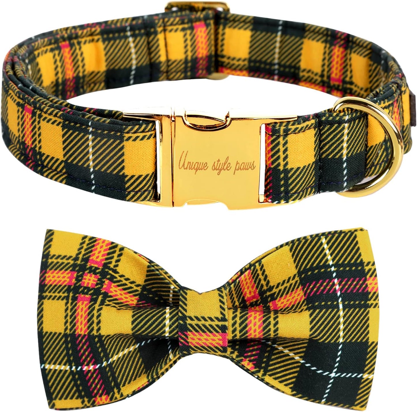 Unique style paws Bowtie Dog Collar Cotton Plaid Collar Adjustable Puppy Collar for Small Medium Large Dogs-M