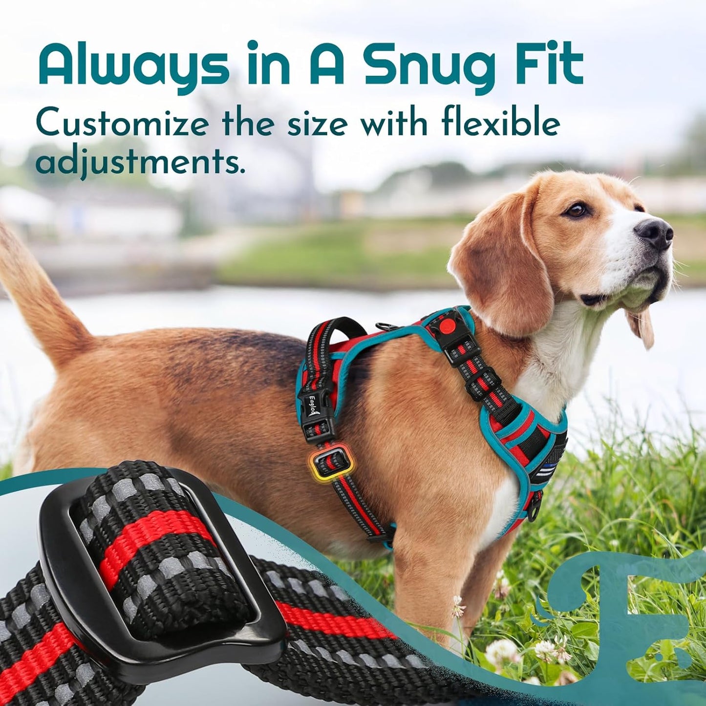 Eagloo Dog Harness Small Sized, Easy Wearing with 3 Buckles, Adjustable No Pull Pet Harness with 2 Rings for Walking, No Chock Reflective Soft Padded Vest with Control Handle, Red & Teal, S