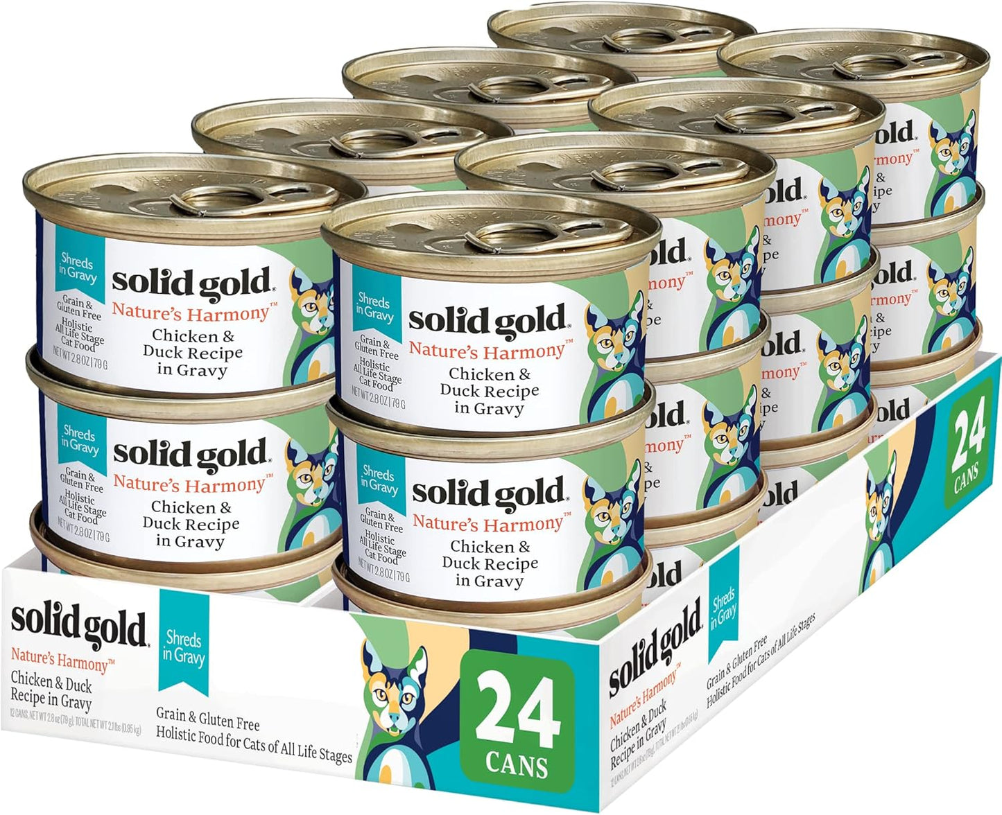Solid Gold Wet Cat Food Shreds in Gravy - Healthy Canned Cat Food Made w/Real Chicken & Duck Shreds, Vitamins & Minerals - Grain Free & Gluten Free Canned Meals for Cats & Kittens - 24ct/3oz Can