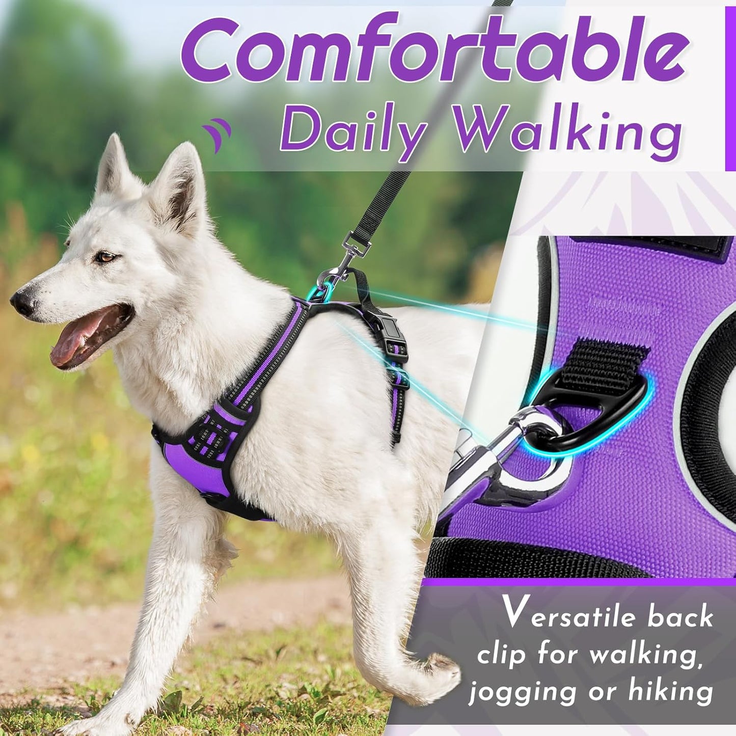 Eagloo Dog Harness for Large Dogs, No Pull Service Vest with Reflective Strips and Control Handle, Adjustable and Comfortable for Easy Walking, No Choke Pet Harness with 2 Metal Rings, Purple, L