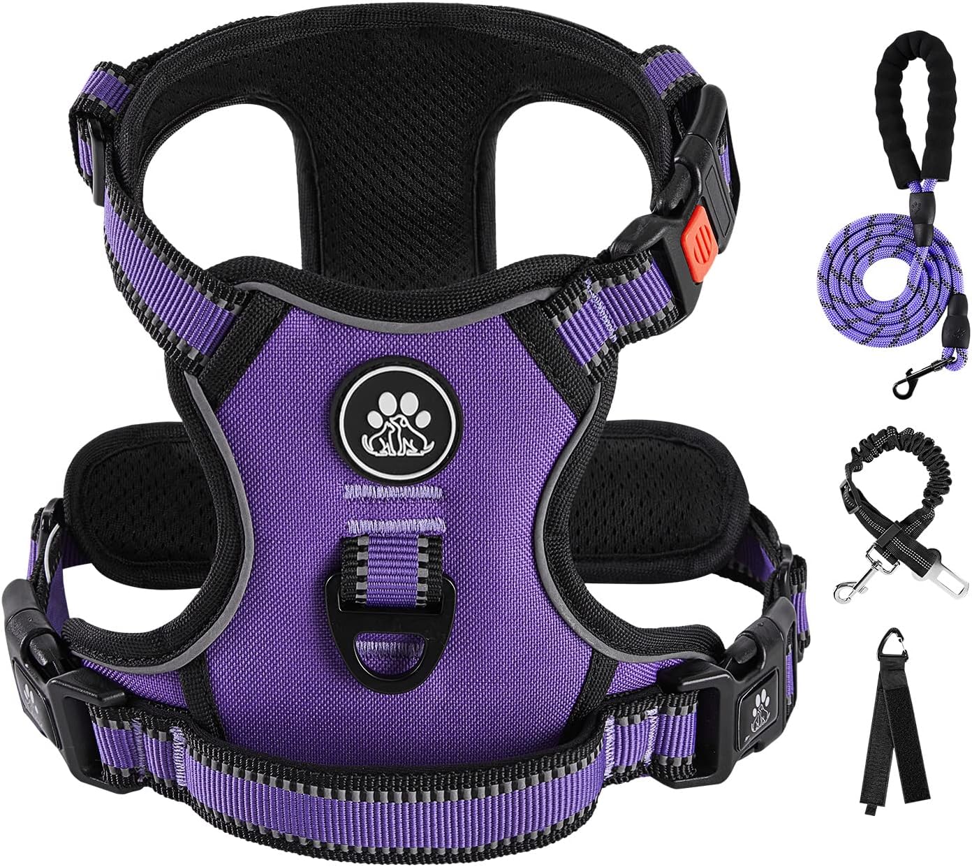 IVY&LANE No Pull Dog Harness for Large Dogs, Dog Vest Harness with Leash, Safety Belt and Storage Strap, Fully Adjustable Harness, 360° Reflective Strip, Soft Handle (Purple, XL)