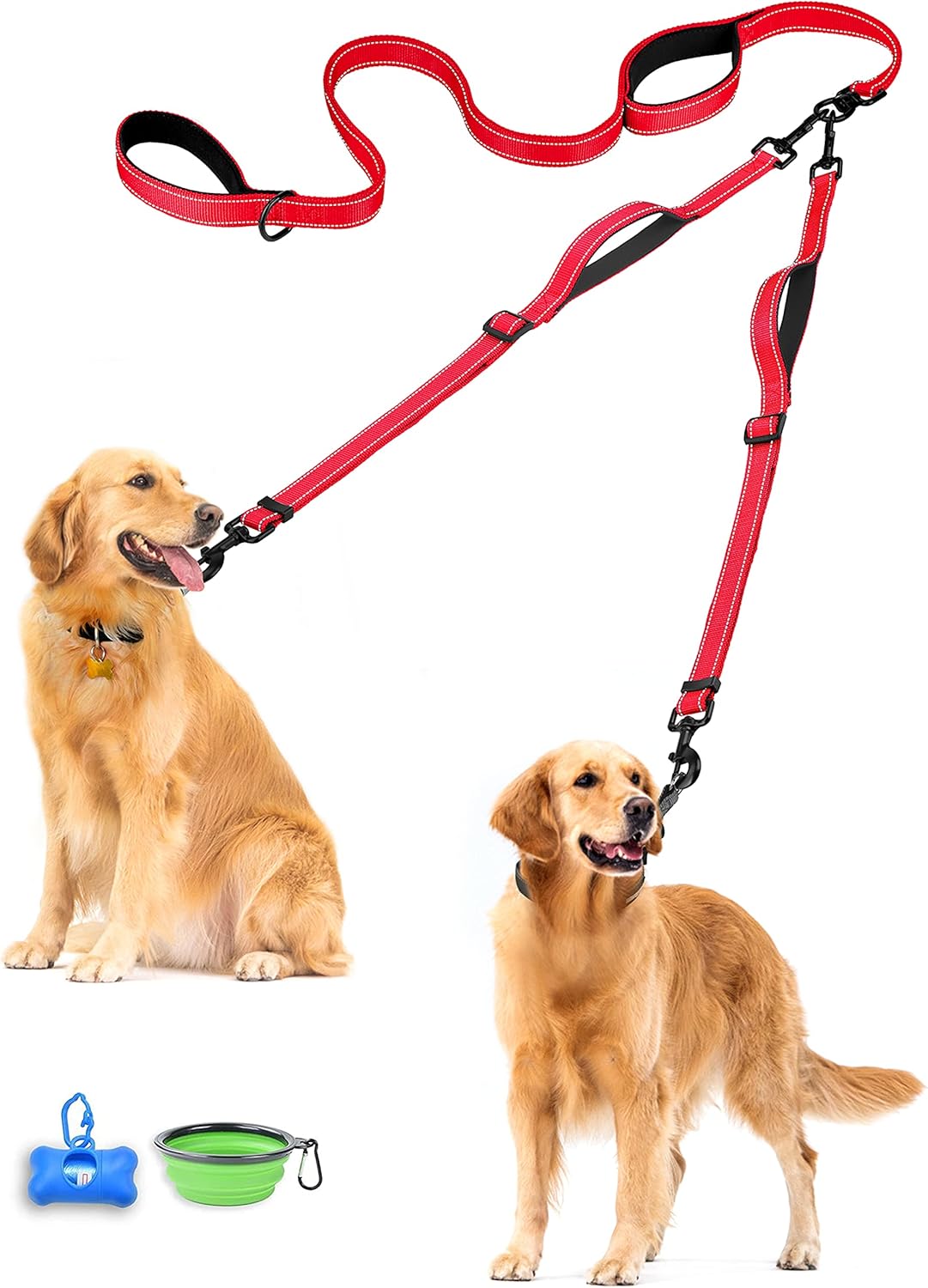 PetBonus Double Dog Leash, No Tangle Dual Leash, Reflective Walking Training Lead, 4 Comfortable Padded Handles for 2 Dogs with Collapsible Bowl and Waste Bags (Red, Large)