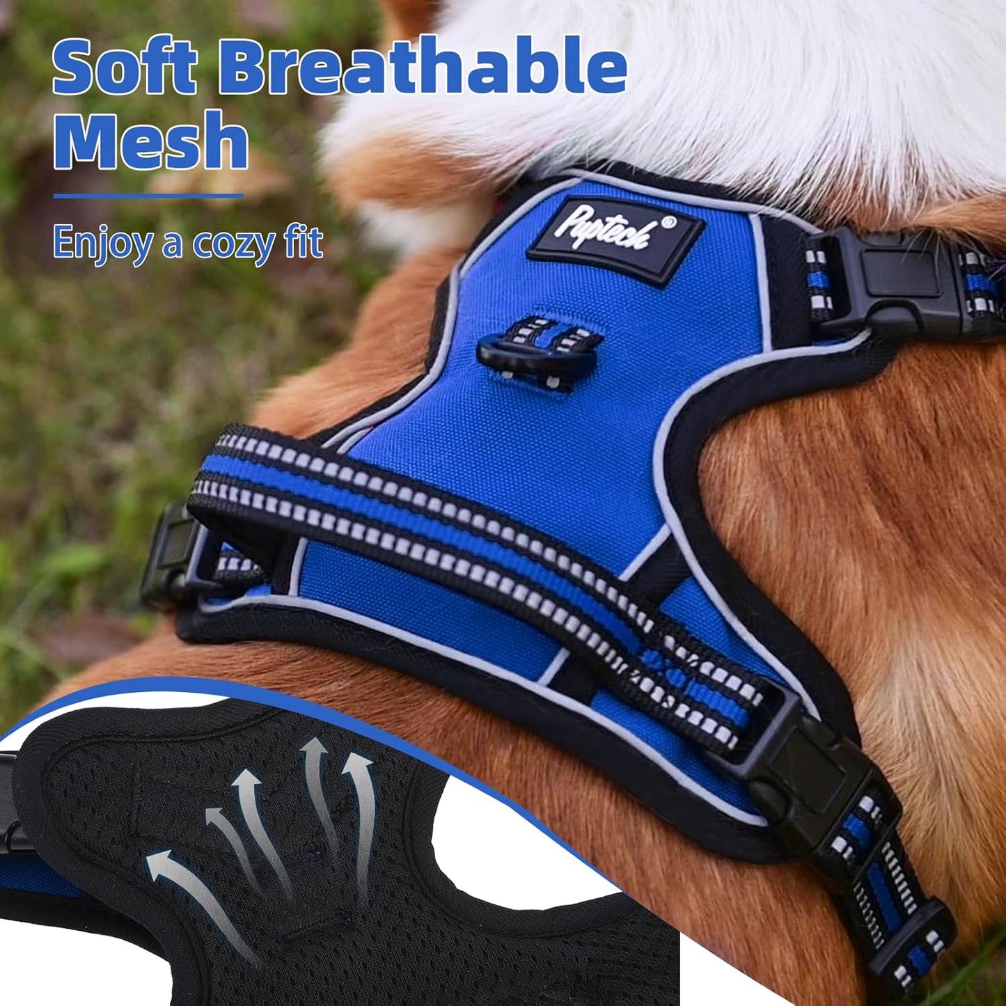 PUPTECK No Pull Dog Harness Small Sized, Adjustable Reflective Dog Harness with Handle Easy Control, Comfortable Soft Padded Pet Vest Harness for Small Dogs, Blue S