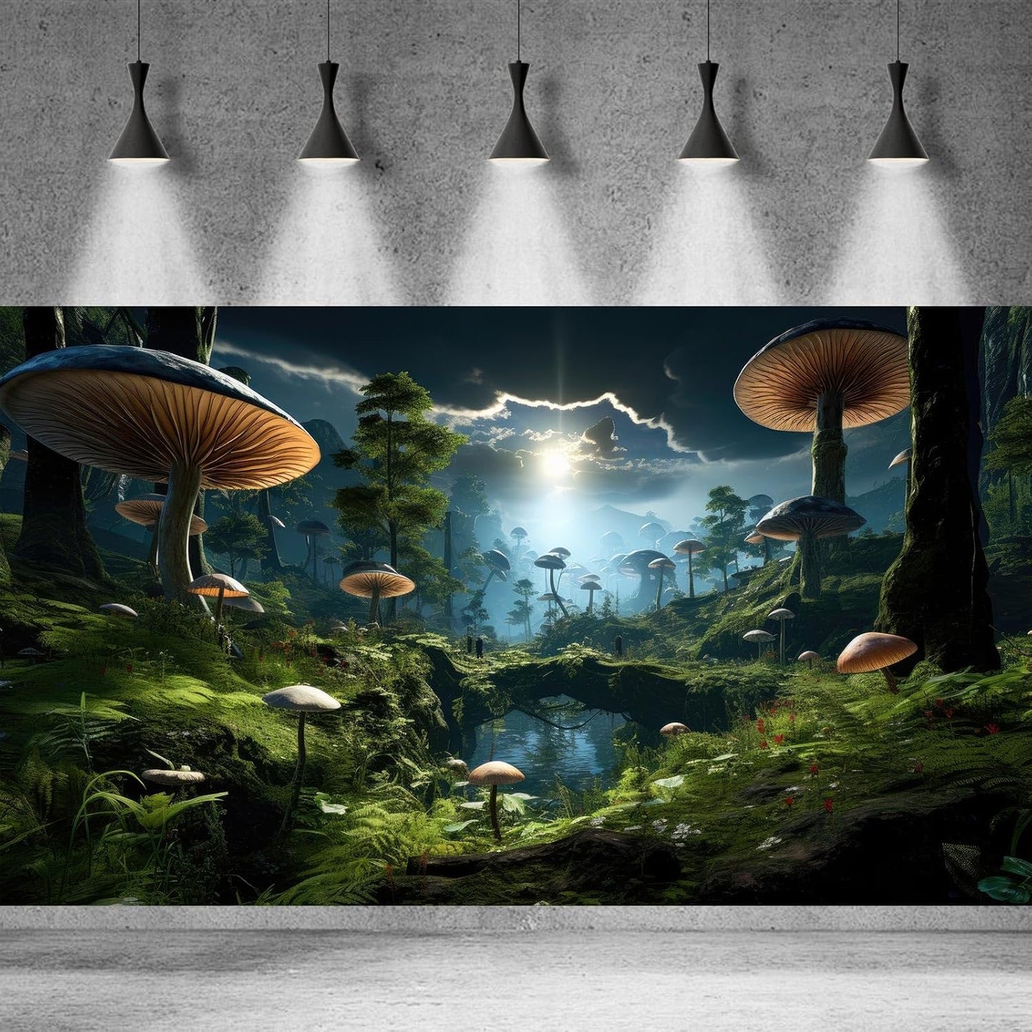 Fantasy Mushrooms Landscape Aquarium Background Tranquil Stream Cloudy Sky Terrarium Background Lush Green Tropical Plants Trees Fish Tank Backdrop Decoration Tank Background Poster 72x16in