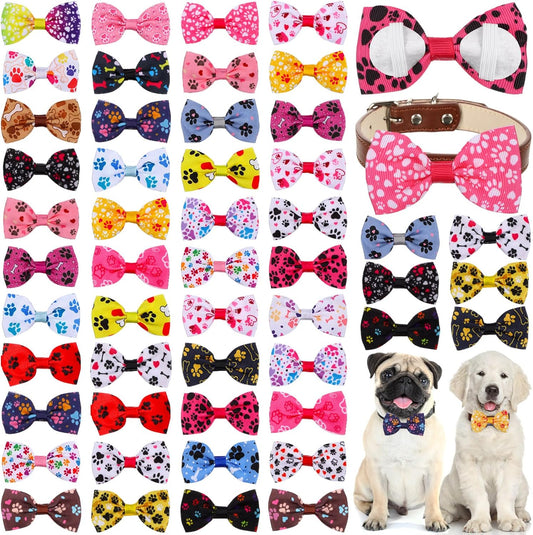 Reginary 50 Pieces Dog Bow Ties Pet Collar Bow Puppy Collar Attachment with Rubber Bands for Small Medium Cat Pet Grooming Charms Accessories Wedding Birthday Occasion(Dog Paw Style)