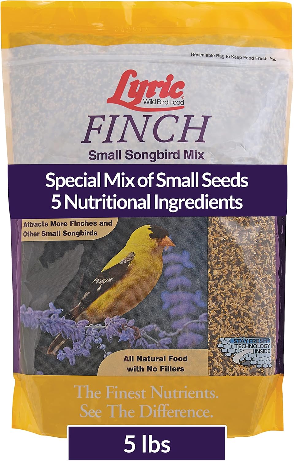 Lyric Finch - Small Songbird Wild Bird Seed - Attracts Goldfinches, House Finches, Purple Finches & More - 5 lb. Bag