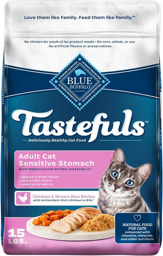 Blue Buffalo Tastefuls Natural Dry Food for Adult Cats, Sensitive Stomach, Chicken & Brown Rice Recipe, 15-lb Bag
