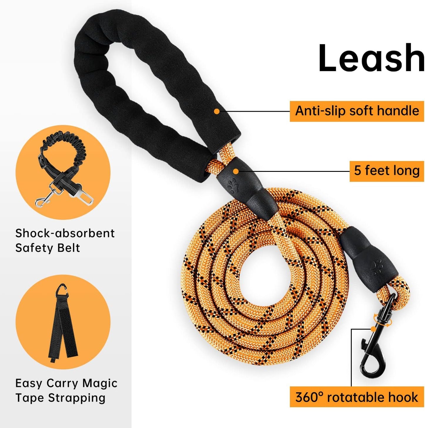 IVY&LANE No Pull Dog Harness for Medium Dogs, Dog Vest Harness with Leash, Safety Belt and Storage Strap, Fully Adjustable Harness, 360° Reflective Strip, Soft Handle (Orange, M)