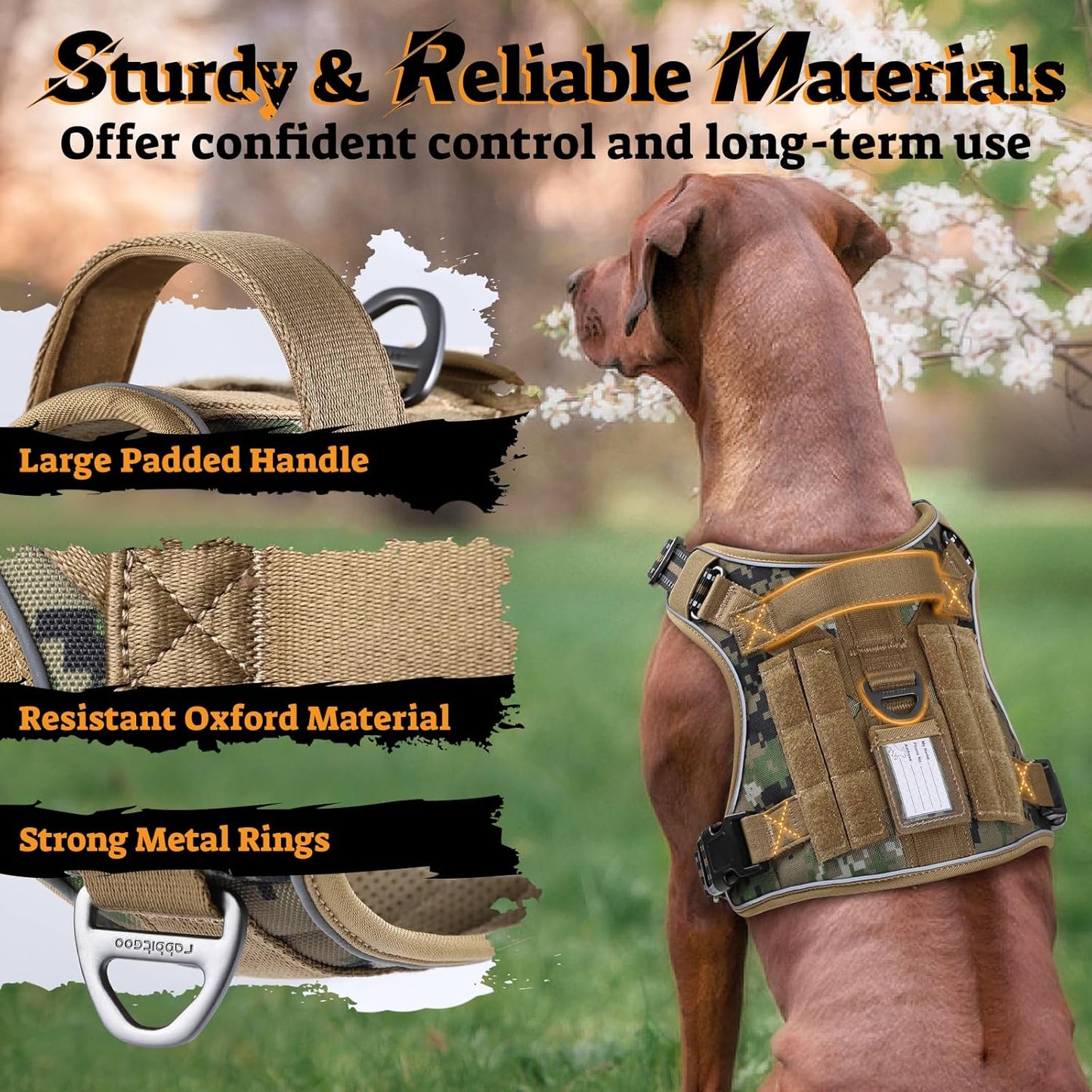 rabbitgoo Dog Harness Small Sized No Pull, Tactical Service Pet Vest with Molle and Control Handle, Adjustable and Reflective Military Harness for Easy Walking and Training, Brown camo, S