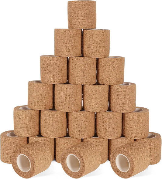 24 Pack Self Adhesive Bandage Wrap, 2” x 5 Yards Cohesive Medical Tape Elastic Grip Tape Sports Tape Athletic for Ankle, Wrist Sprains, Pet First Aid (Brown, 2 Inch)